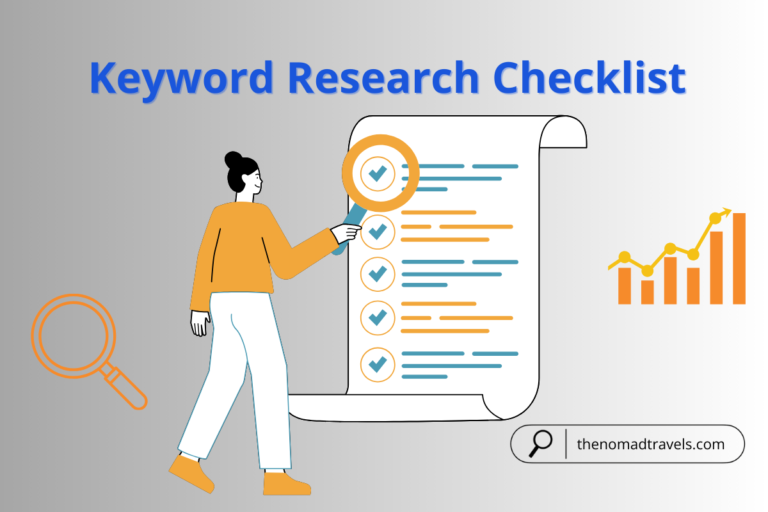 Keyword research checklist illustration with SEO icons
